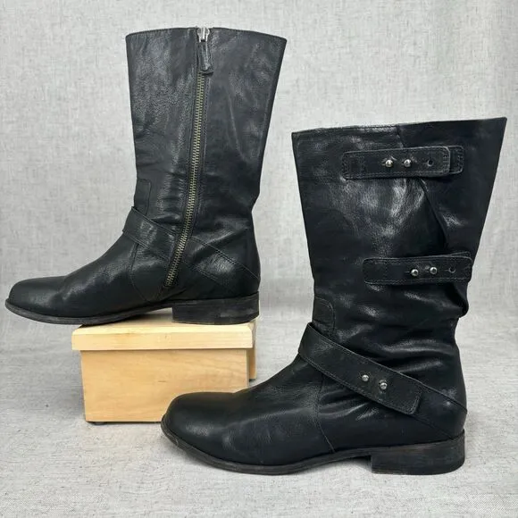 Eileen Fisher Motor Boots Black Leather Zip Up Biker Moto Women's 8.5