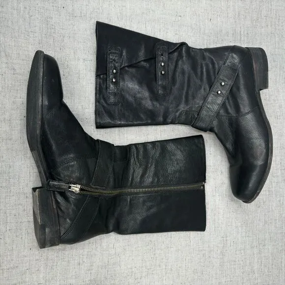 Eileen Fisher Motor Boots Black Leather Zip Up Biker Moto Women's 8.5