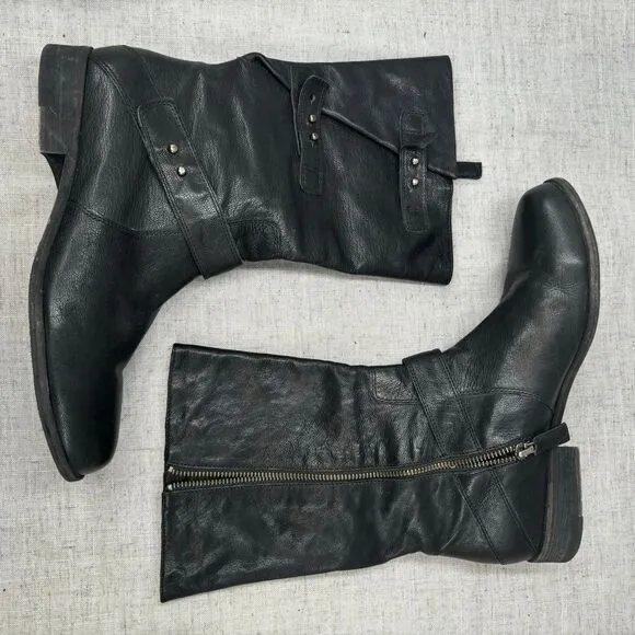 Eileen Fisher Motor Boots Black Leather Zip Up Biker Moto Women's 8.5