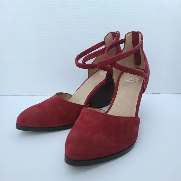 Eileen Fisher Tilda Red Suede Leather Stacked Heel Pump Comfort Shoes Size 6