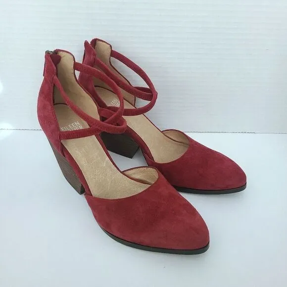 Eileen Fisher Tilda Red Suede Leather Stacked Heel Pump Comfort Shoes Size 6