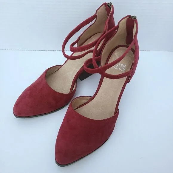 Eileen Fisher Tilda Red Suede Leather Stacked Heel Pump Comfort Shoes Size 6