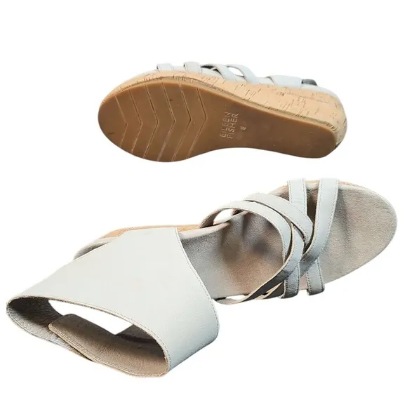 Eileen Fisher Vast Wedge Sandals Ankle Strap Cork Platform White Size 8 EUC