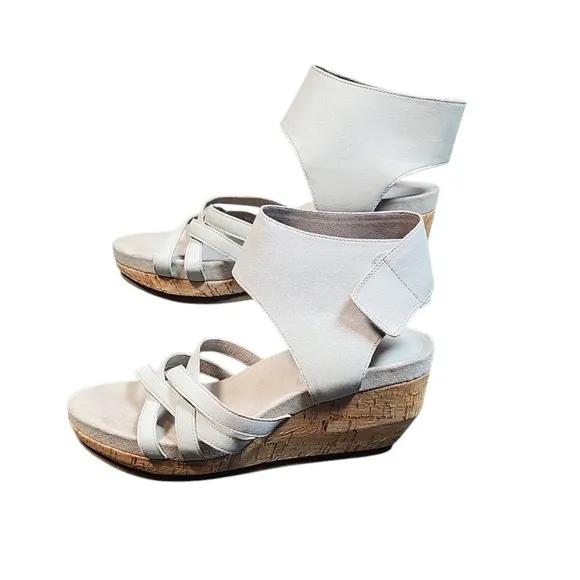 Eileen Fisher Vast Wedge Sandals Ankle Strap Cork Platform White Size 8 EUC