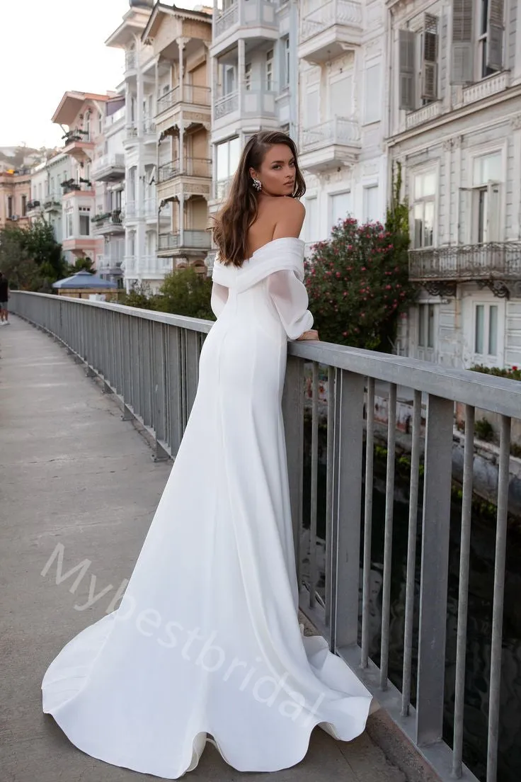 Elegant Off Shoulder Mermaid Simple Floor Length Wedding Dresses, WDY0355