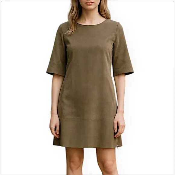 Eleventy Italian 100% Suede Leather Dress 3/4 Sleeve Zipper Trim Mini Size 42