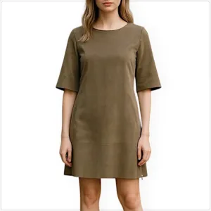 Eleventy Italian 100% Suede Leather Dress 3/4 Sleeve Zipper Trim Mini Size 42