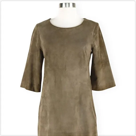Eleventy Italian 100% Suede Leather Dress 3/4 Sleeve Zipper Trim Mini Size 42