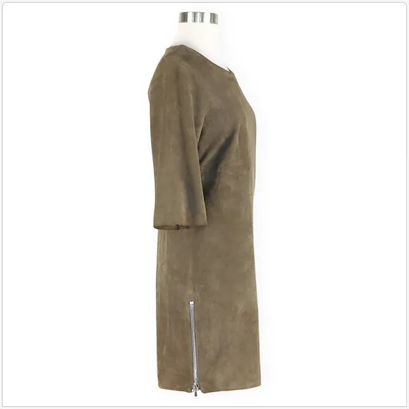 Eleventy Italian 100% Suede Leather Dress 3/4 Sleeve Zipper Trim Mini Size 42
