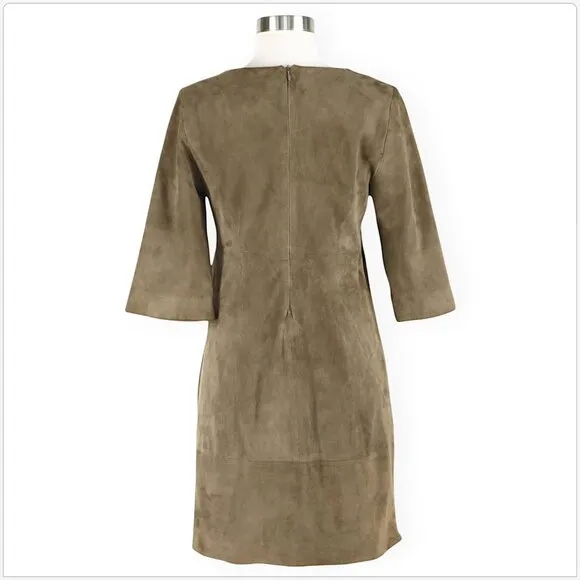 Eleventy Italian 100% Suede Leather Dress 3/4 Sleeve Zipper Trim Mini Size 42