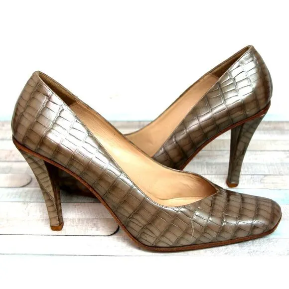 EMPORIO ARMANI PEARL BEIGE CROCO GENUINE LEATHER HIGH HEEL PUMP SHOES 38.5 8.5