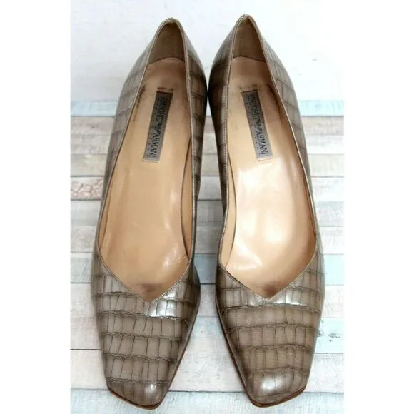 EMPORIO ARMANI PEARL BEIGE CROCO GENUINE LEATHER HIGH HEEL PUMP SHOES 38.5 8.5