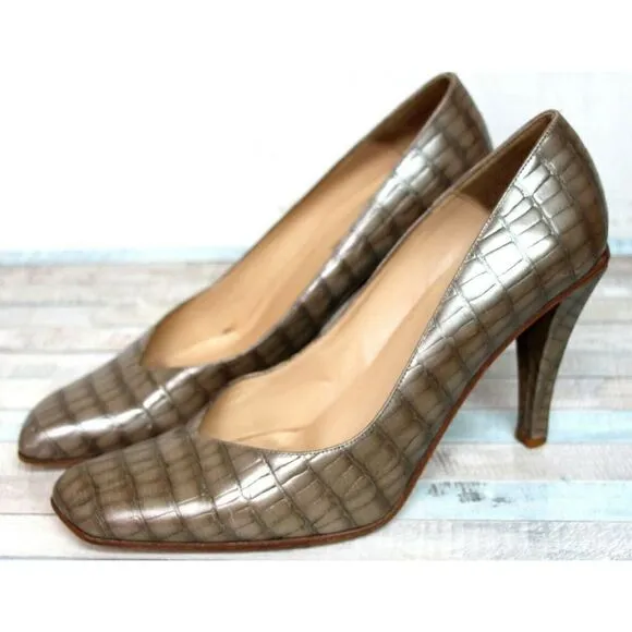EMPORIO ARMANI PEARL BEIGE CROCO GENUINE LEATHER HIGH HEEL PUMP SHOES 38.5 8.5