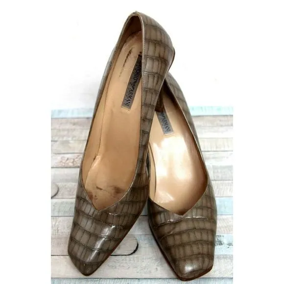EMPORIO ARMANI PEARL BEIGE CROCO GENUINE LEATHER HIGH HEEL PUMP SHOES 38.5 8.5