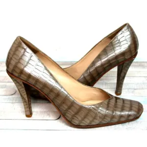 EMPORIO ARMANI PEARL BEIGE CROCO GENUINE LEATHER HIGH HEEL PUMP SHOES 38.5 8.5