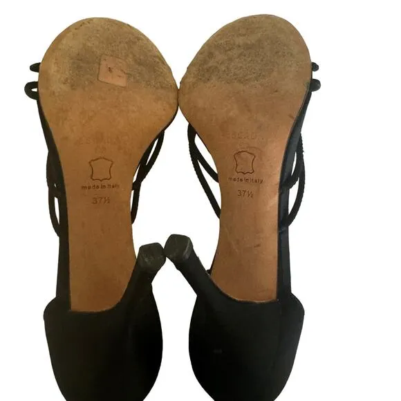 Escada Black Mettalic Strappy Heel Shoes Sz 37.5/7W