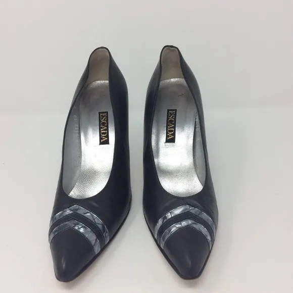 Escada Dark Gray Silver Leather Heel Pumps Sz 10 B