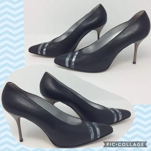 Escada Dark Gray Silver Leather Heel Pumps Sz 10 B