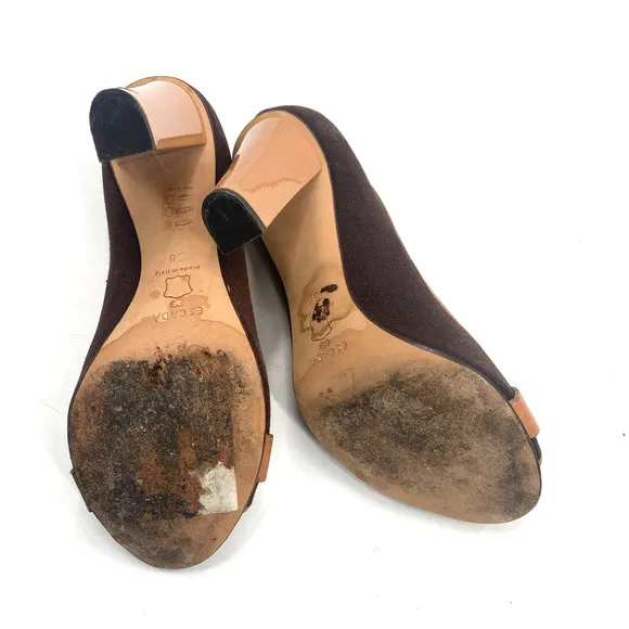 Escada Logo Plate Woven Canvas Brown Peep Toe Pumps Heels Shoes Womens size 38