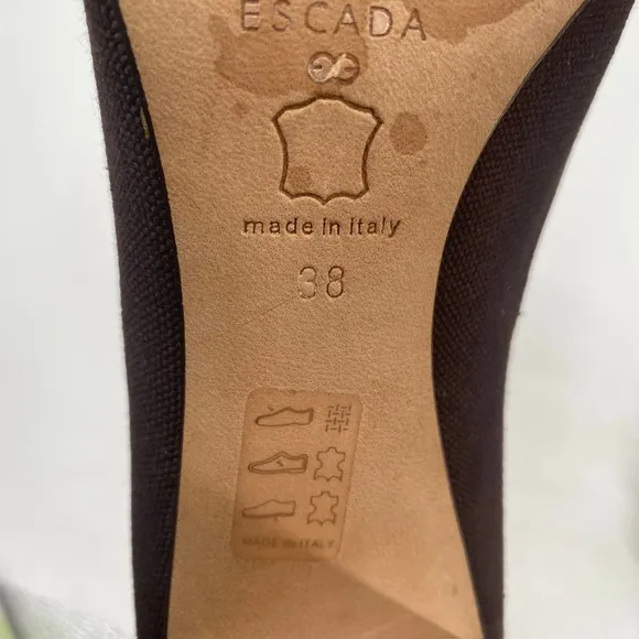 Escada Logo Plate Woven Canvas Brown Peep Toe Pumps Heels Shoes Womens size 38