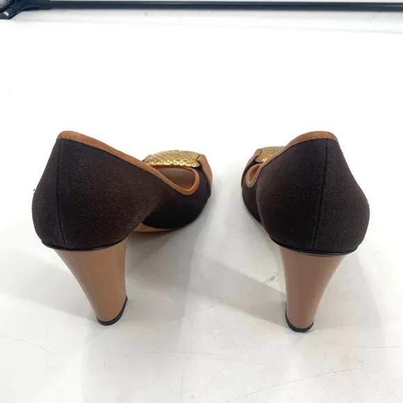 Escada Logo Plate Woven Canvas Brown Peep Toe Pumps Heels Shoes Womens size 38