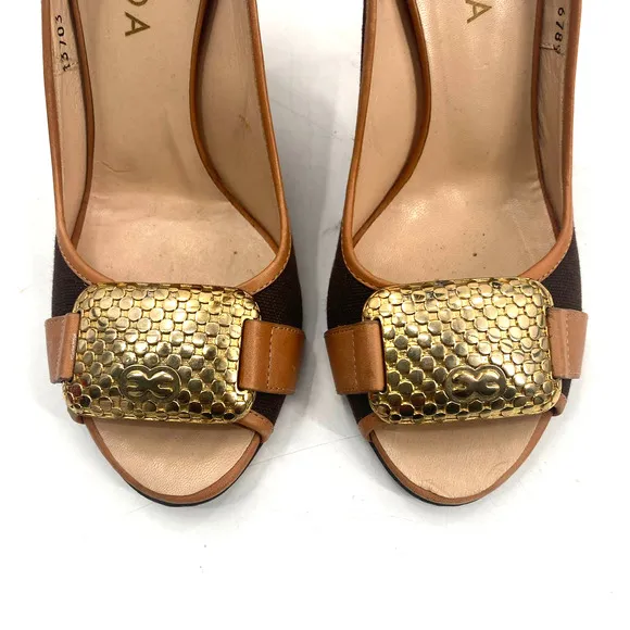 Escada Logo Plate Woven Canvas Brown Peep Toe Pumps Heels Shoes Womens size 38