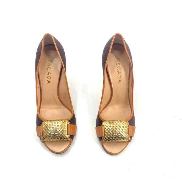 Escada Logo Plate Woven Canvas Brown Peep Toe Pumps Heels Shoes Womens size 38