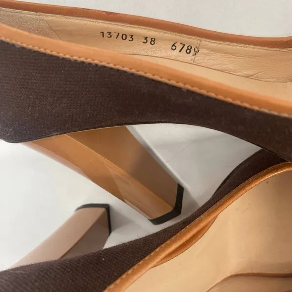 Escada Logo Plate Woven Canvas Brown Peep Toe Pumps Heels Shoes Womens size 38
