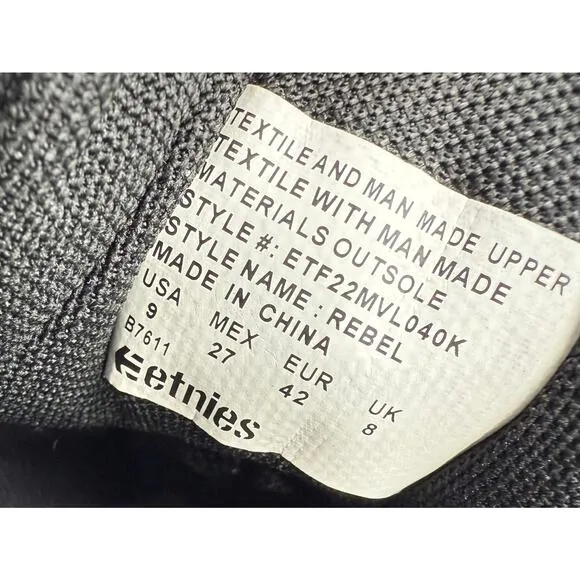 Etnies Rebel Black White Gum Canvas Skate Shoes Skateboard Sneakers Mens 9 NEW