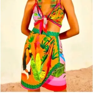 FARM Rio Double Scarves Mini Skirt in Bahia OrangeTropical Print Small