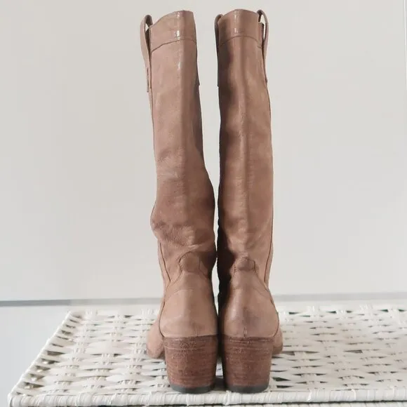 Fauzian Jeunesse Beige Leather Mid-Calf Block Heel Italian Western Tall Boots 6