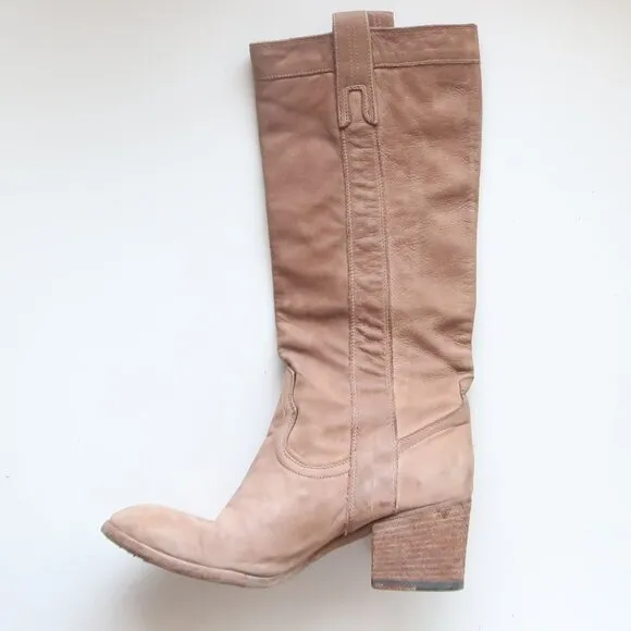 Fauzian Jeunesse Beige Leather Mid-Calf Block Heel Italian Western Tall Boots 6