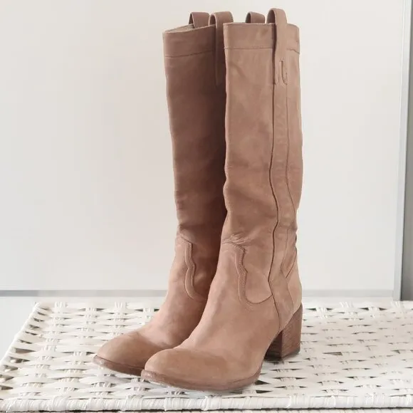 Fauzian Jeunesse Beige Leather Mid-Calf Block Heel Italian Western Tall Boots 6
