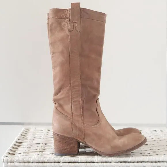 Fauzian Jeunesse Beige Leather Mid-Calf Block Heel Italian Western Tall Boots 6