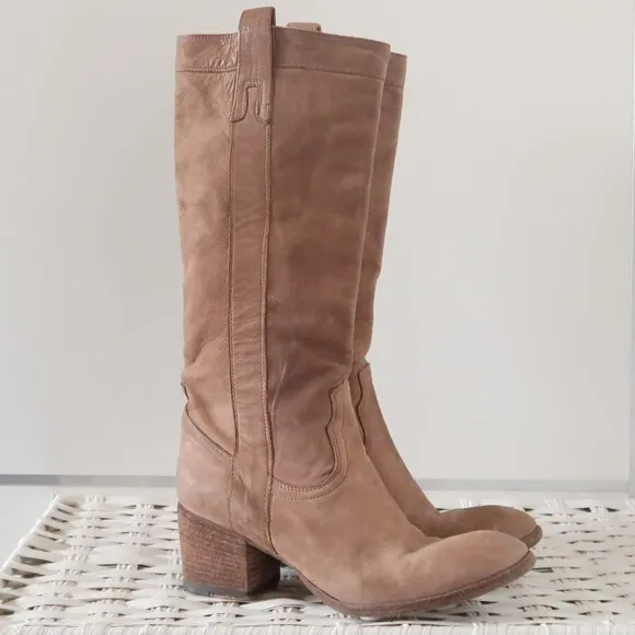 Fauzian Jeunesse Beige Leather Mid-Calf Block Heel Italian Western Tall Boots 6