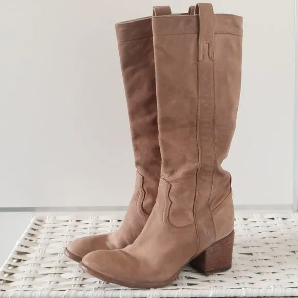 Fauzian Jeunesse Beige Leather Mid-Calf Block Heel Italian Western Tall Boots 6