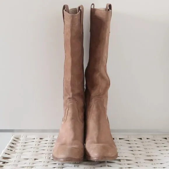 Fauzian Jeunesse Beige Leather Mid-Calf Block Heel Italian Western Tall Boots 6