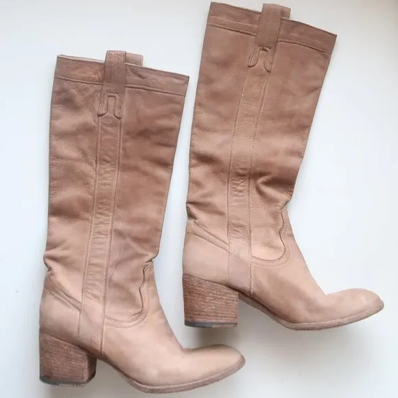 Fauzian Jeunesse Beige Leather Mid-Calf Block Heel Italian Western Tall Boots 6