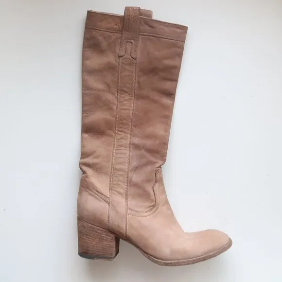 Fauzian Jeunesse Beige Leather Mid-Calf Block Heel Italian Western Tall Boots 6