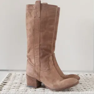Fauzian Jeunesse Beige Leather Mid-Calf Block Heel Italian Western Tall Boots 6