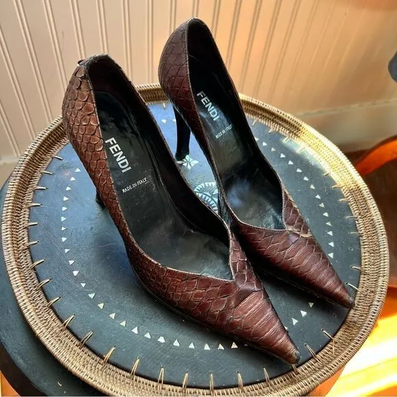 FENDI High Heel Pumps Vintage Brown Bronze Pointed Toe Euro 38 - Rare