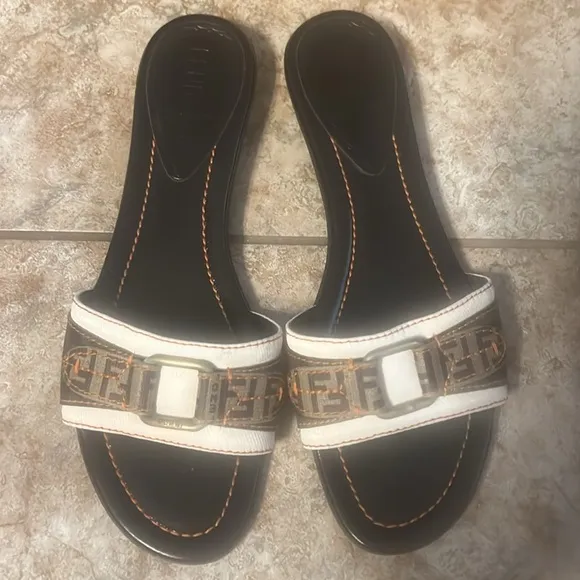 Fendi Women's White and Brown Slide Sandals
