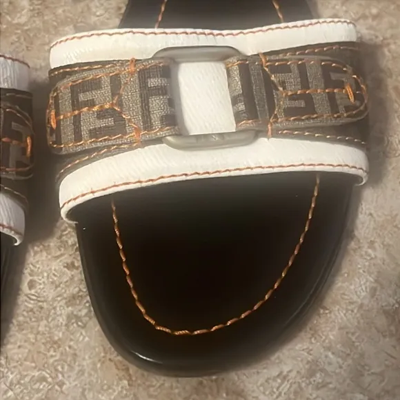 Fendi Women's White and Brown Slide Sandals