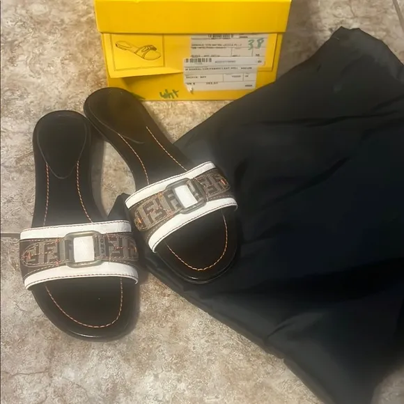Fendi Women's White and Brown Slide Sandals