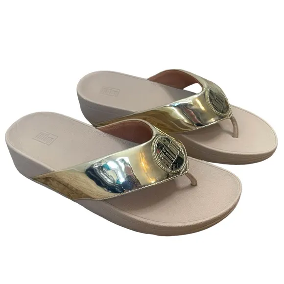 FitFlop Demelza Logo Toe-Thong Metallic Gold Casual Sandal Womens Size 9 AY2-675