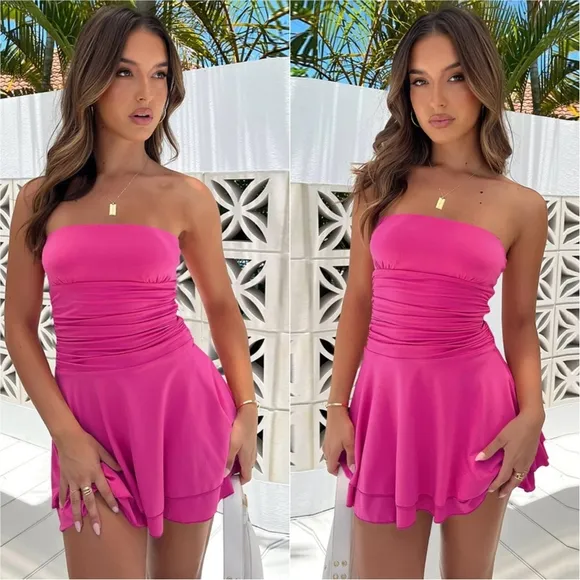Flirty Layers Ruched Tube Dress - Pink