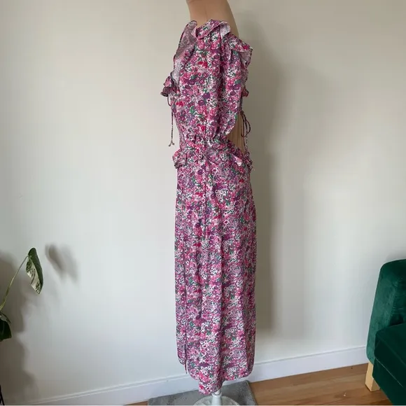 For Love &amp; Lemons Katarina Pink Purple Floral Open Back Ruffle Midi Dress Size S