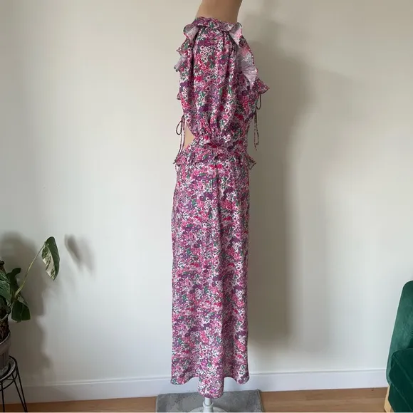 For Love &amp; Lemons Katarina Pink Purple Floral Open Back Ruffle Midi Dress Size S