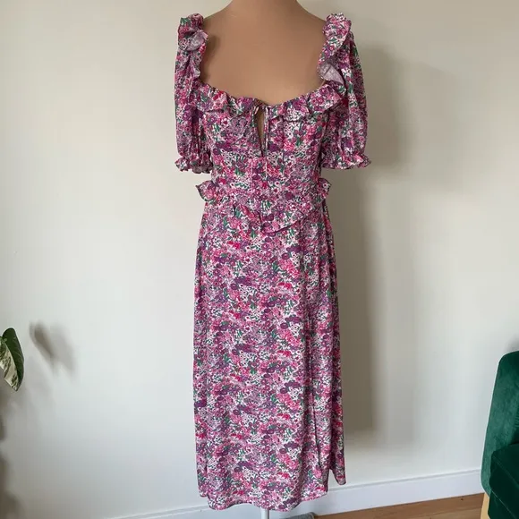 For Love &amp; Lemons Katarina Pink Purple Floral Open Back Ruffle Midi Dress Size S