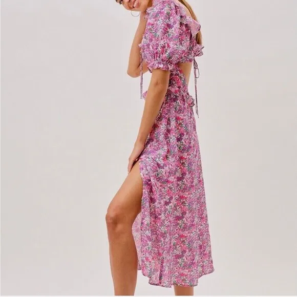 For Love &amp; Lemons Katarina Pink Purple Floral Open Back Ruffle Midi Dress Size S